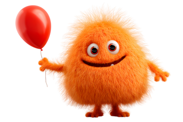 Funny Fluffy Orange Monster Holding Balloon