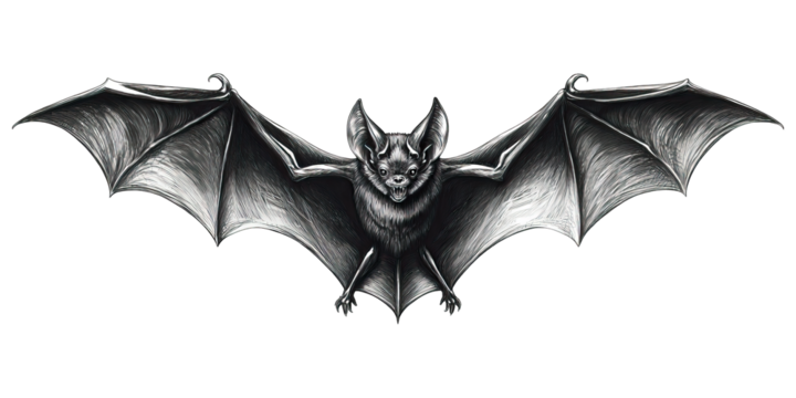 Wing flap motion of flying bat in flight captured concept. A detailed illustration of a bat with extended wingspan.