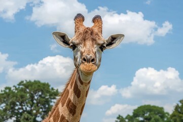 Naklejka premium Close-up of a curious giraffe standing against a bright sky with natural scenery