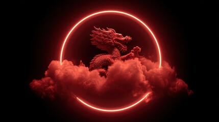 Red dragon in neon circle clouds