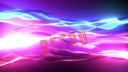 Animation of retro text over glowing purple and blue lights on dark background - Powered by Adobe
