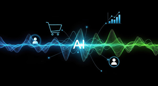 Abstract digital illustration showcasing AI technology with sound waves, shopping cart icons, user profiles, and data analytics graphs, representing modern commerce and innovation