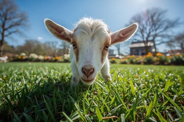 Obraz premium Young goat grazes on a lush grassy field