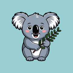 Fototapeta premium Adorable grey koala holding green eucalyptus branch white black
