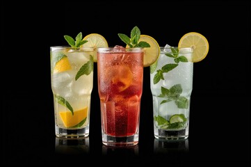 Refreshing lemon and orange cocktails with mint on a dark backdrop, perfect for adding text space