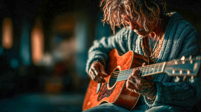 A young man with dreadlocks playing an acoustic guitar in a cozy setting with soft lighting, creating a peaceful, artistic atmosphere.