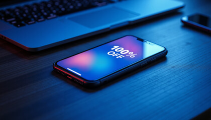 Smartphone displaying 100% off discount promotion on wooden desk  