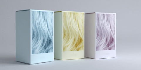 Cosmetic packaging boxes with pastel hair textures on white background, modern beauty branding visual for skincare products - AI generated