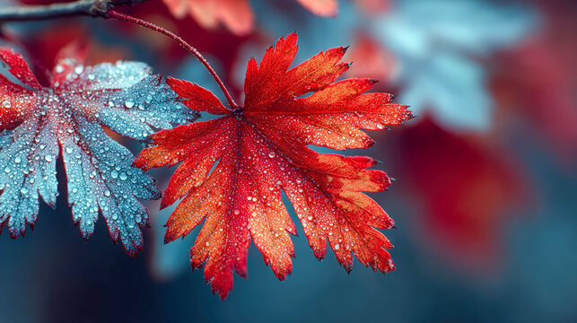 Close-up of vibrant red and blue autumn leaves covered in fresh dew drops.