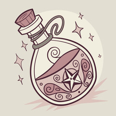 Vector art of a magical potion bottle with stars and swirls, a mystical and enchanting design