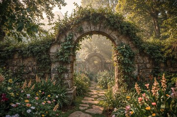 Fototapeta premium Scenic view featuring a stone arch in a magical woodland garden