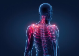 3D anatomical illustration of highlighted shoulder joints,  showing skeletal structure
