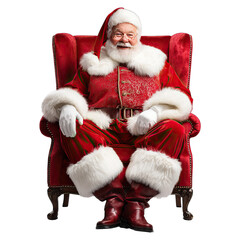 Santa claus sitting on leather chair and smiling concept. A jolly Santa Claus sitting comfortably in a red chair, dressed in his iconic suit.