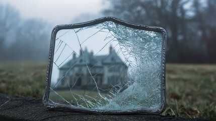 Shattered antique mirror showing eerie reflection of a haunted house on a foggy day.