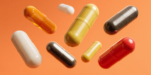 Floating colorful capsules on orange background, pharmaceutical medicine styling for science and healthcare visuals - AI generated
