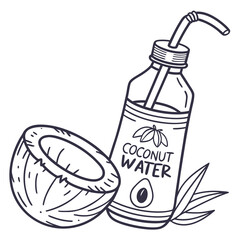 Vector art of coconut water bottle with straw and half coconut