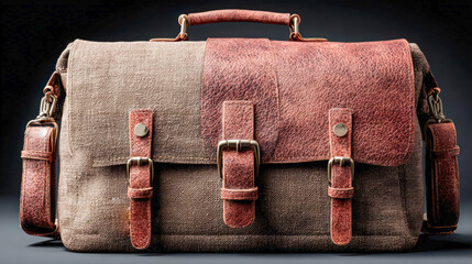 Front view of vintage-style canvas messenger bag with leather straps and brass buckles