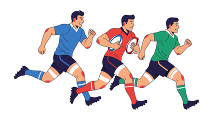 Obraz premium Rugby Action: A dynamic illustration captures rugby players in mid-action, racing across the field with determined focus. Each player, clad in vibrant team colors.