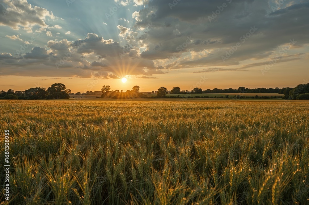 Wall mural a stunning summer evening scene in a valley, showcasing a shimmering field of golden wheat illuminat