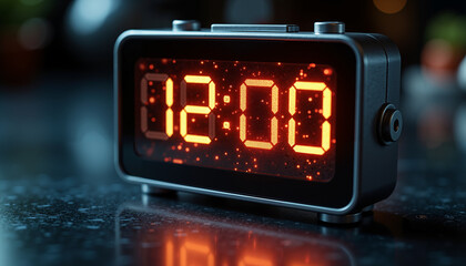 Digital alarm clock displaying 12:00 on a reflective surface  
