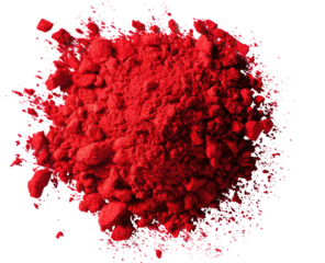 Red powder pile, top-down view.  A cluster of small, chunky red particles, loosely heaped, with a slightly rough texture