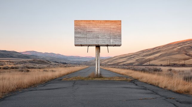 Abandoned Billboard on Desert Road at Sunset Wide Angle Shot in Idaho Landscape with Hills and Distant Mountains
