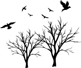 Scary group of crows flying among bare trees silhouette