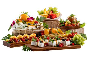 Colorful Catering Spread with Fresh Fruits and Appetizers