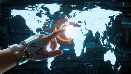 Futuristic hand on holographic world map. Global technology, data, AI, and connectivity.