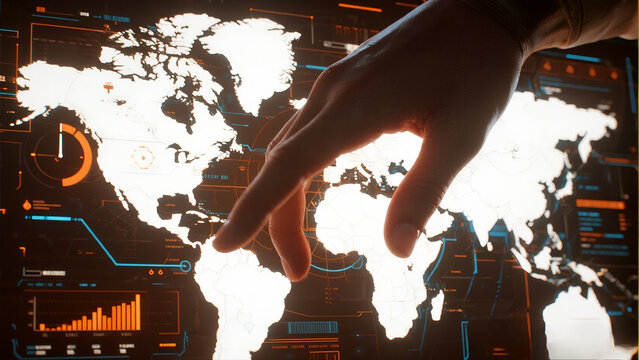 Futuristic digital world map interface with hand. Global data analysis, tech, business strategy.