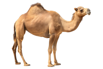 Isolated camel image on clean white transparent concept. A majestic camel standing proud in the desert landscape.