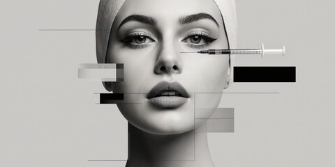 Artistic portrait of woman with fragmented face design on neutral background, conceptual beauty branding visual - AI generated