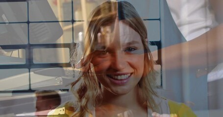 Animation of person caucasian men using computer over smiling caucasian women - Powered by Adobe