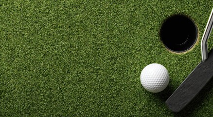 Golf ball, putter, and hole on green (1)