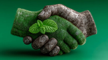 Symbolic green handshake with fresh mint leaves on a clean green background.