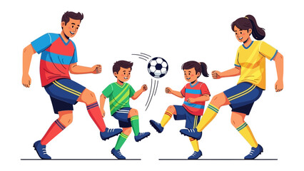 Family Football Fun: A vibrant illustration capturing a joyful family playing football. Showing a parent and their kids kicking ball creating a dynamic and playful image of family bonding.