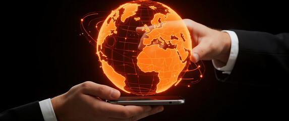 Holographic orange globe projected from a smartphone, global connectivity