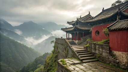 Fototapeta premium Gloomy Mist Over Ancient Chinese Architecture on Hillside by Valley