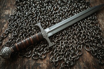 Conceptual representation of ancient weaponry and warfare featuring a sword on chainmail armor against a wooden backdrop