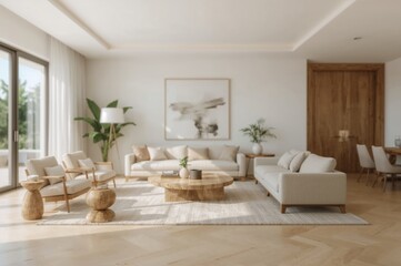 Soft seating and elegant decor highlight a spacious, minimalist living area with neutral beige hues and ample natural light.