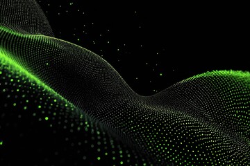 Abstract wave of glowing green dots on black background