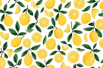 Seamless tropical design featuring hand-drawn yellow lemons and slices on a white backdrop. Repeated fruit motif ideal for fabric and wallpaper printing.
