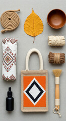 Fototapeta premium Natural craft supplies and elements flat lay composition
