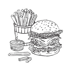 Hand drawn burger with cheese, salad. French fries in cardboard box with sauce. Vintage vector sketch illustration in vintage style. Fast food logo design, tasty food, cafe, menu design