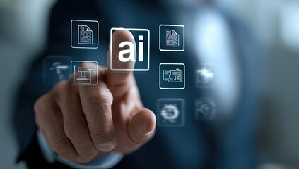 A hand in a dark suit touches a glowing AI interface with various digital icons