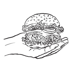 Hand holding burger as invitation. Hand drawn vector sketch crayon illustration. Fast food cafe menu design, dinner, tasty junk food. Cheeseburger drawing