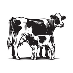 Fototapeta premium Black and White Vector of Dairy Cow Feeding Milk to Calf – Easy Tracing Farm Illustration
