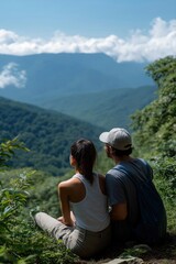 Naklejka premium Young asian couple enjoying scenic mountain view in serene landscape
