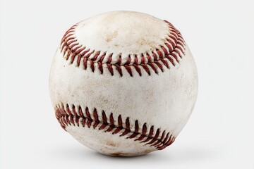 Worn baseball, white leather, red stitching, isolated on white