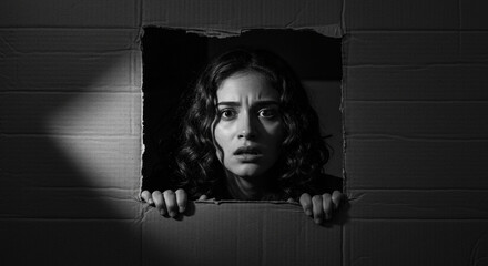 Terrified young woman peeking through torn cardboard, conveying fear and confinement in dramatic black and white.